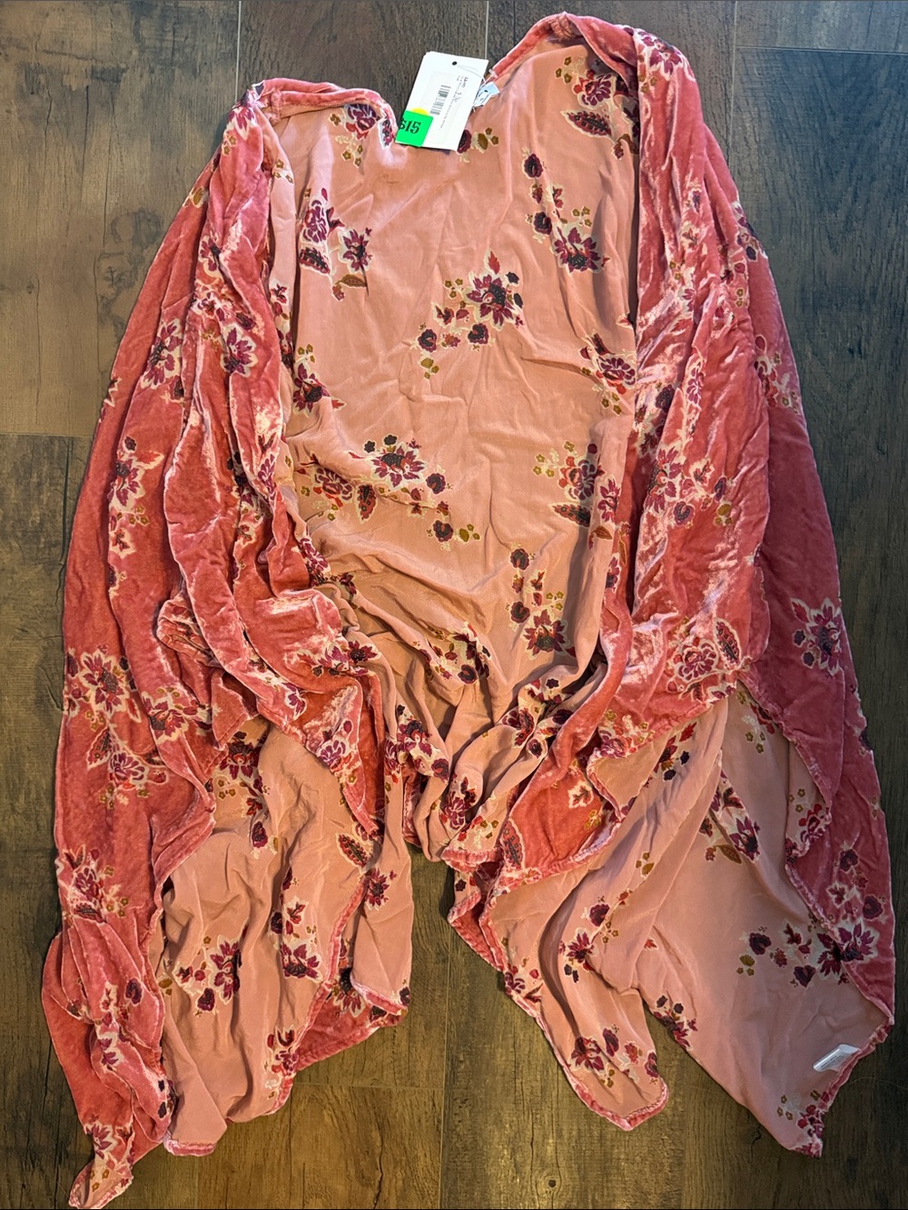 white birch Pink Floral Velvet Draped Kimono